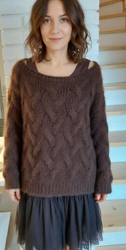 Kobieta ma na sobie sukienke halke z koronką swietnym dodatkiem jest brązowy sweter