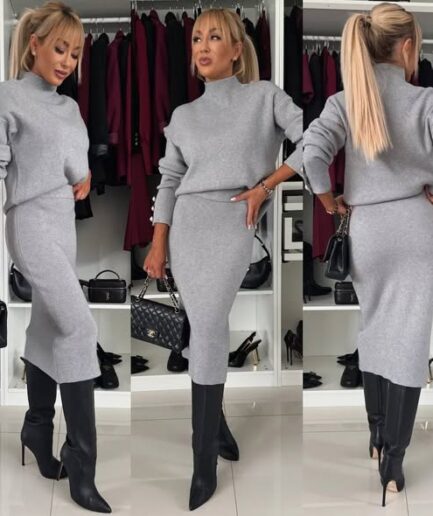 KOMPLET DAMKI SPÓSNICZKA ZA KOLANA PROSTA PLUS SWETEREK