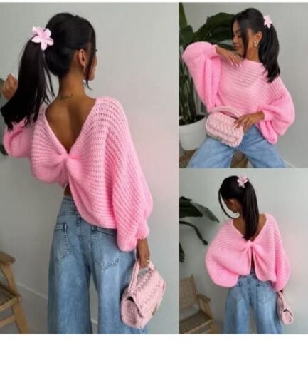 SWETEREK RÓŻOWY PLECIONY