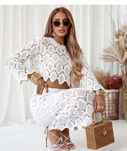 Komplet damski biały gruba koronka