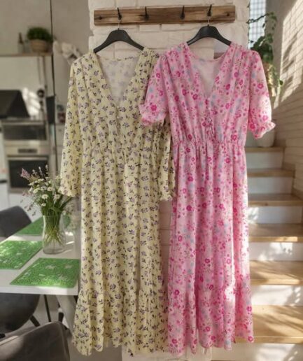 SUKIENKI WIOSENNE W KWIATY RÓŻOWA I ŻÓŁTA